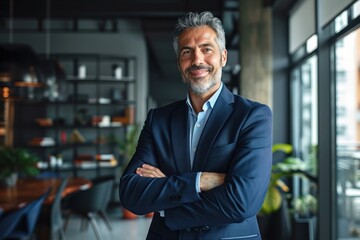 Happy mid aged business man ceo standing in office arms crossed. Smiling mature confident professional executive manager, proud lawyer, confident businessman leader wearing blue suit, Generative AI