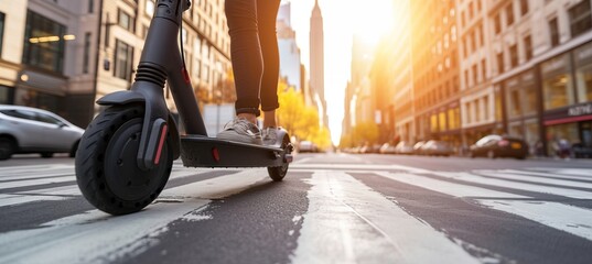 Close up of a person riding an eco friendly e scooter on a bright summer day in urban city street