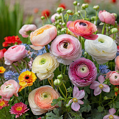 Adorable ranunculus pattern of a flower bed with colorful flowers