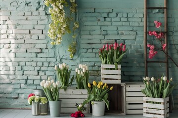 Front View Backdrop with Brick Wall, White Wooden Crates, Tulips, and Ladder.