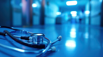 Medical blurred blue hospital background with space for text. Copy space