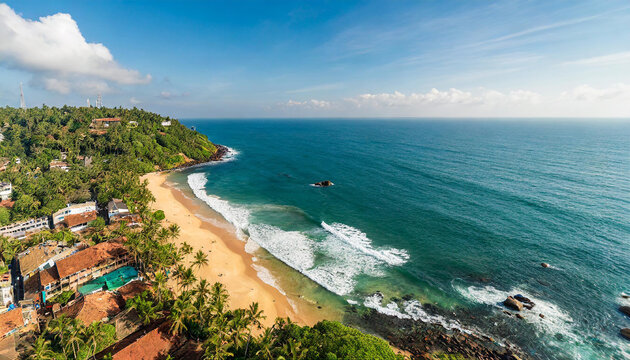 Aerial view of famous beach of the south coast of Sri Lanka, area near the town of Weligama. High quality photo