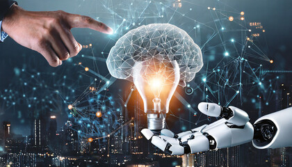 AI, Machine learning, Hands of robot and human touch on big data network, Brain data creative in light bulb, Science and artificial intelligence technology, innovation - obrazy, fototapety, plakaty