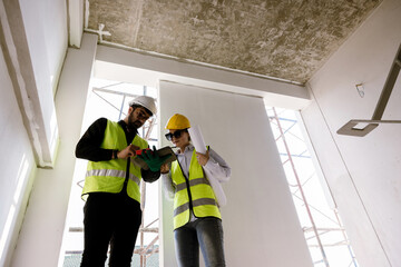 Caucasian engineer and architect looking at tablet of building construction Professional event planning Inspector looking at steel structure and materials at construction site. working technology