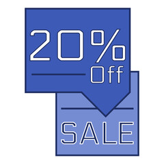 20% off written in a blue rectangular speech bubble. Sale.