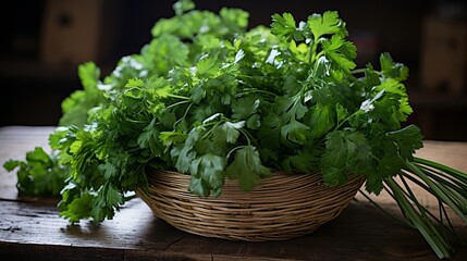 Freshly harvested garden herbs   basil, parsley, cilantro on rustic wood backdrop, canon eos rp, f4