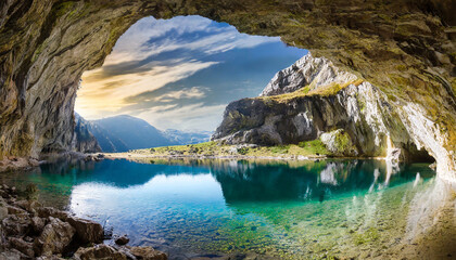 Beautiful Lake Inside a cave on the mountains, natural background