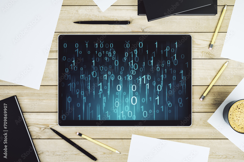 Aufkleber Creative concept of binary code illustration on modern digital tablet screen. Big data and coding concept. Top view. 3D Rendering