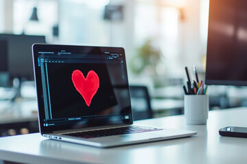 a laptop standing at a workplace in the office, on the monitor of which a romantic red heart is painted,the concept of online tokens of attention,a romantic workplace,online greetings