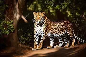 In the heart of lush wilderness, envision a majestic leopard gracefully traversing a sunlit clearing. 

