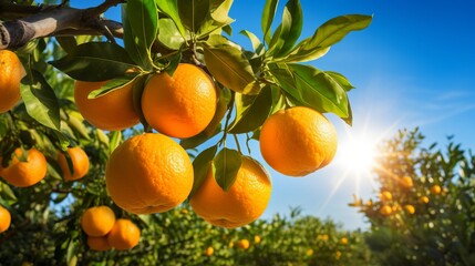 Organic citrus branches with ripe fresh oranges and tangerines growing in sunny fruiting garden