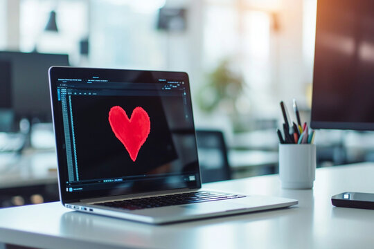 Fototapeta a laptop standing at a workplace in the office, on the monitor of which a romantic red heart is painted,the concept of online tokens of attention,a romantic workplace,online greetings