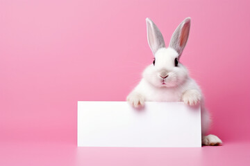 a charming white rabbit holds in its paws a white sheet of paper with a place for text,on a...