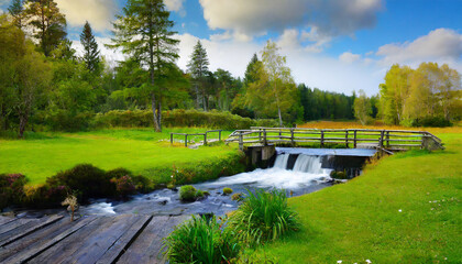 Fototapeta na wymiar beautiful meadow with a river, a waterfall, a small bridge