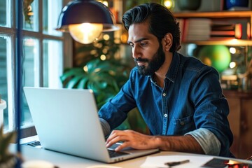 Busy indian ethnic business man professional manager entrepreneur remote learning online typing on laptop sitting in office at home using computer software working on digital market data,Generative AI