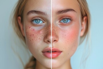 The girl has pimples on the left side of her face, the right side without pimples - obrazy, fototapety, plakaty