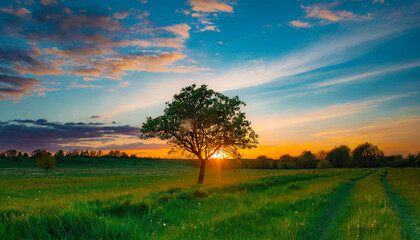Fototapeta na wymiar beautiful meadow with a tree on the background of sunset