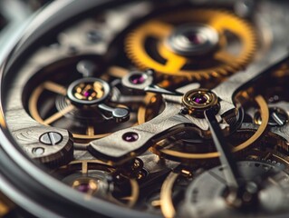 Mechanical watch inside with spring mechanism and gears rotating extreme macro. - obrazy, fototapety, plakaty