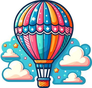 Design sticker illustration hot air balloon with cloud and stars 