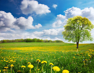 beautiful meadow with yellow dandelions and tree isolated white clouds