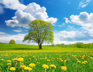 beautiful meadow with yellow dandelions and tree isolated white clouds