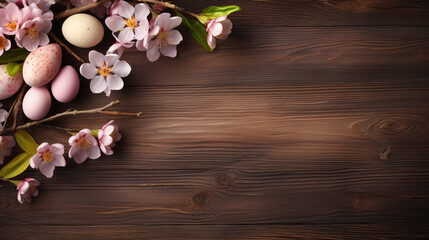 Easter background. The association of Easter comes from the eggs in the background. There are wooden elements.