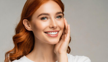 Naklejka premium Beauty Photo of Woman with Clean and Healthy Skin Touching Her Face