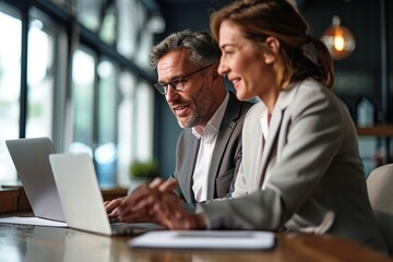 Two professional business executives working together at office meeting. Mature male manager consulting client or colleague looking at laptop discussing ebusiness project planning, Generative AI
