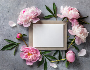 Blank greeting card in frame made of pink color peony flowers on gray background. Wedding invitation. Mock up. Flat lay.