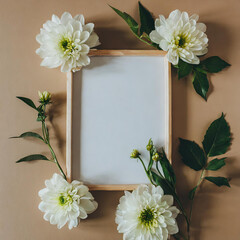 Blank frame of elegant Star of Bethlehem and matthiola flowers on beige background. Aesthetic floral simplicity composition with copy space