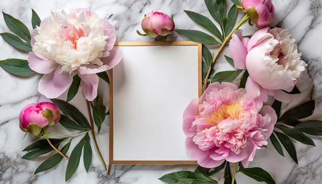 Blank greeting card in frame made of pink peony flowers on white marble background. Wedding invitation. Mock up. Flat lay