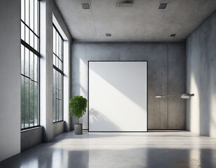 Blank white wall in concrete office with large windows Mockup 3D rendering