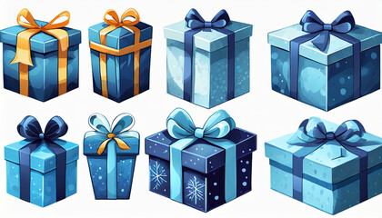 Blue gift boxes with ribbons. Set of realistic holiday presents in cartoon style. Opened and closed gift boxes. Festive surprise. Isolated icons for template banner