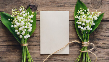 Blank greeting card with spring Lily of the valley flowers on rustic wooden background. Wedding invitation. Womens day, Valentines day card. Mock up. Flat lay - obrazy, fototapety, plakaty