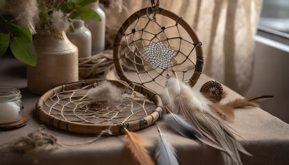 Fototapeta na wymiar Bohemian still life with dreamcatchers. Earthy tones, ethereal details. Arrangement of dreamcatchers and feathers. Bohemian spirit, creating a mystical and free-spirited composition.