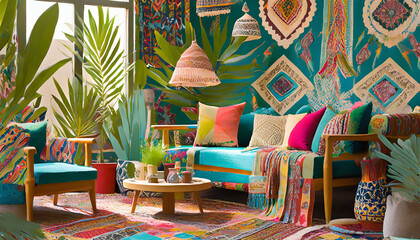 Naklejka premium Bohemian eclectic paradise. Colorful textiles, mix-and-match decor. Low seating, eclectic accents. A lively and free-spirited space filled with bohemian charm.