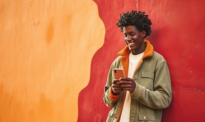 Smiling African American gen z teen standing at color wall using mobile phone. Happy cool ethnic stylish hipster guy model holding cell phone, checking apps on mobile device, Generative AI