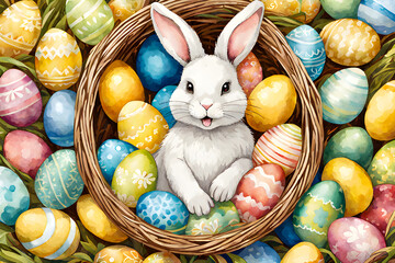 Easter bunny in a basket surrounded with colorful Easter eggs, watercolor painting