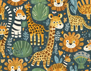 Naklejka premium Cute African animals. Seamless pattern with giraffe, leopard, lion, tiger, crocodile, zebra. Children's wallpaper in Scandinavian style. Cartoon background for children clothing, wallpaper, kids room