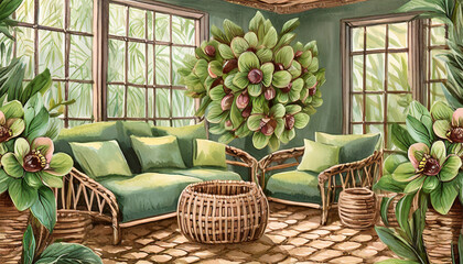 Cute hellebore pattern sanctuary. Hellebore prints, soft exotic hues. Rattan furniture, tropical decor. A lively and adorable space inspired by the unique allure of hellebores. - obrazy, fototapety, plakaty