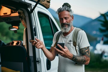 Mature tattooed man standing near rv camper van on vacation using mobile phone. Smiling mature active traveler holding smartphone enjoying free internet in camping tourism nature, Generative AI - obrazy, fototapety, plakaty
