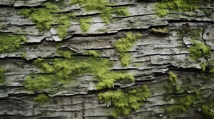 Closeup texture of tree bark. Pattern of natural tree bark background. Rough surface of trunk. Green moss and lichen on natural wood. Dirt skin of wooden. Grey, brown, and green nature background.
 - obrazy, fototapety, plakaty
