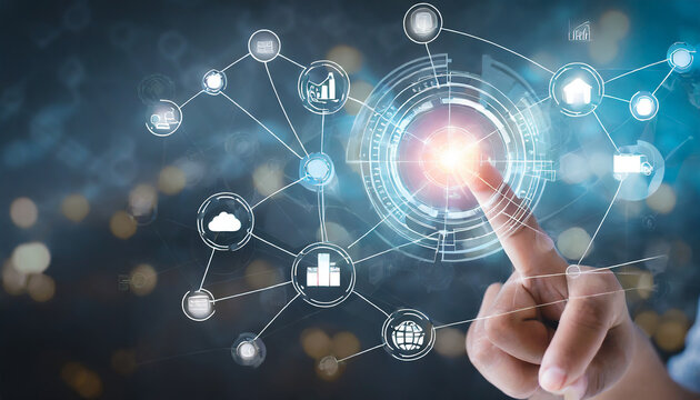 Digital technology, internet network connection concept. Finger touching on virtual screen with futuristic technology background, data exchange, digital transformation