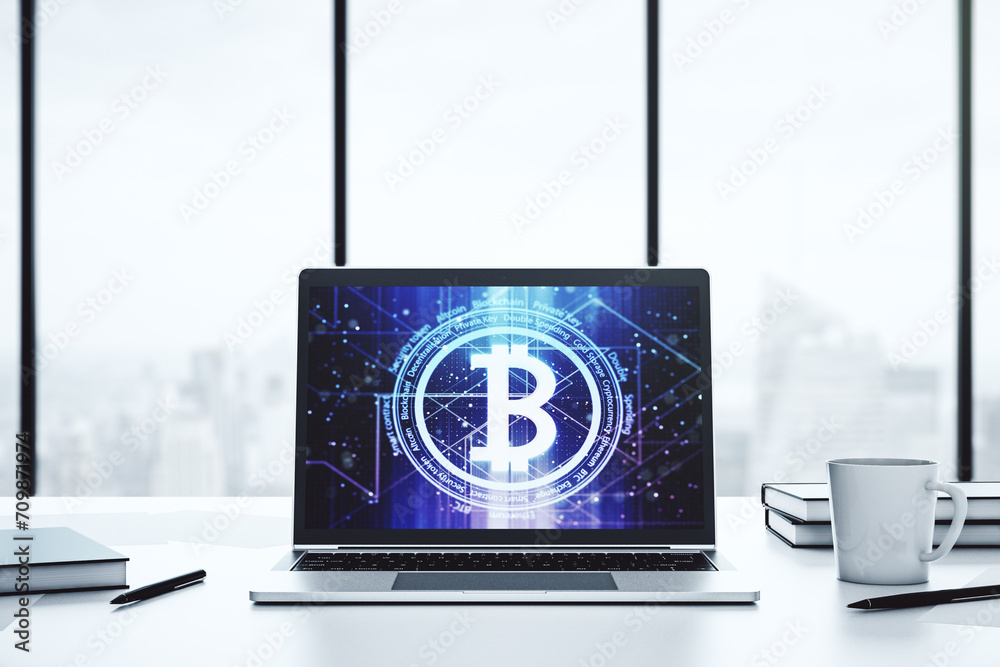 Poster creative bitcoin concept on modern laptop screen. 3d rendering