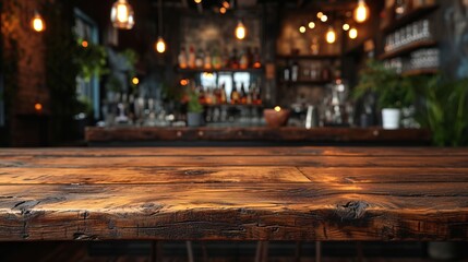 Featured here is a wood table on a blurred cafe or coffee shop background - ideal for montaging or displaying products - obrazy, fototapety, plakaty