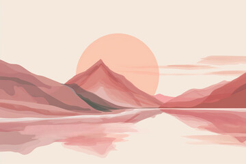 Arte abstrata minimalista de montanhas dunas e o sol - Ilustração nas cores rosa, amarelo e bege pastel.  - obrazy, fototapety, plakaty