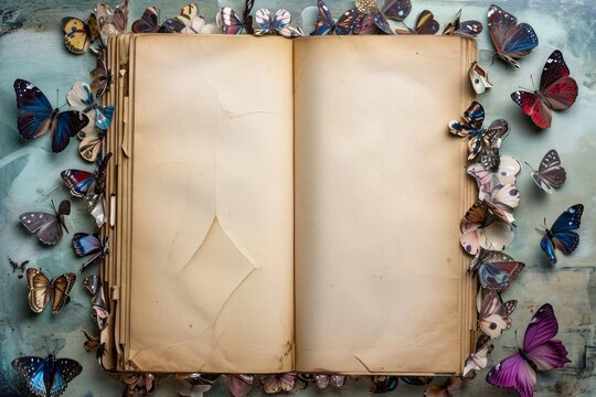 Large book with blank pages and a frame of butterflies