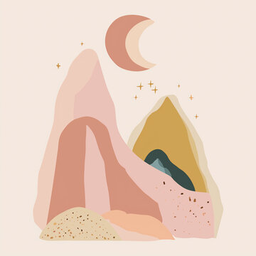 Paisagem montanhas, lua e estrelas - Arte abstrata minimalista 