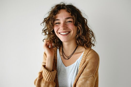 Young adult smiling beautiful charming positive woman model, joyful satisfied pretty cheerful cute curly girl student looking at camera laughing, standing isolated at white background, Generative AI