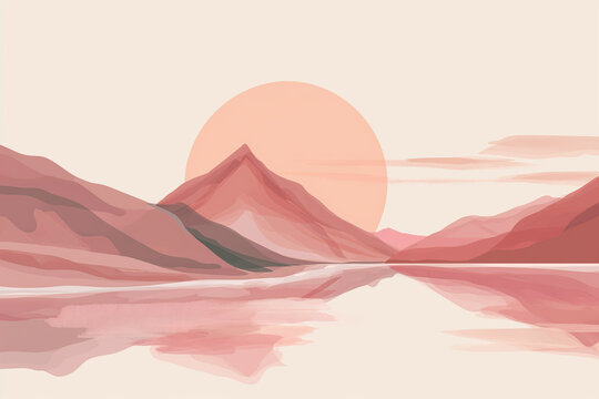 Fototapeta Arte abstrata minimalista de montanhas dunas e o sol - Ilustração nas cores rosa, amarelo e bege pastel. 